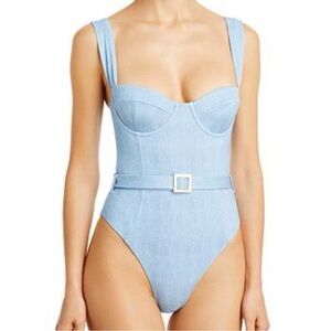 WeWoreWhat Vintage Denim Danielle One Piece Swimsuit Blue Belted Large Chic